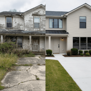 Before and after renovation of an investment property financed with a 100% Fix and Flip loan covering both purchase and rehab costs for real estate investors.