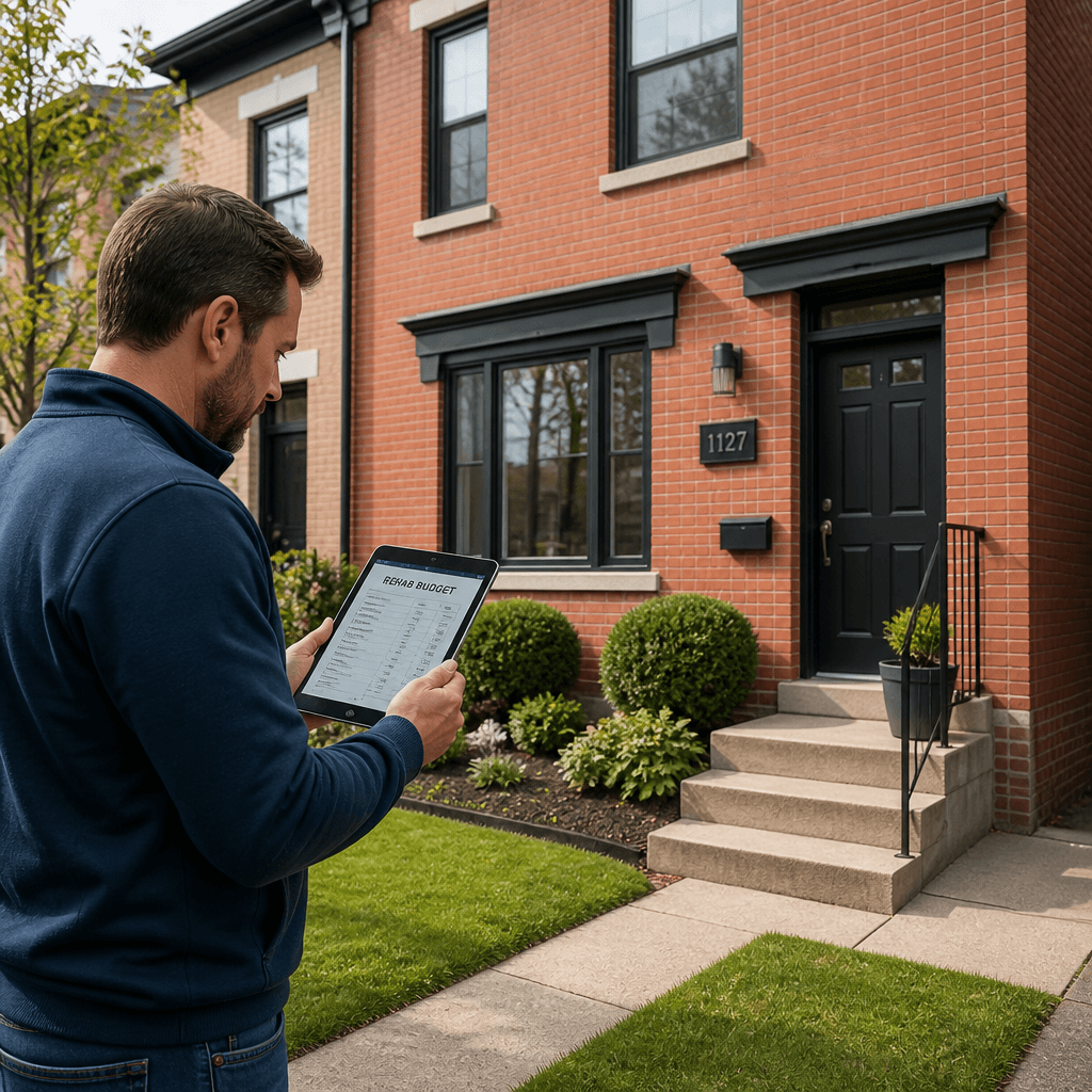 Real estate investor reviewing a rehab budget on a tablet while standing in front of an investment property. The image represents PRM Capital's 100% Fix and Flip financing program, which provides funding for both the purchase and renovation of investment properties.