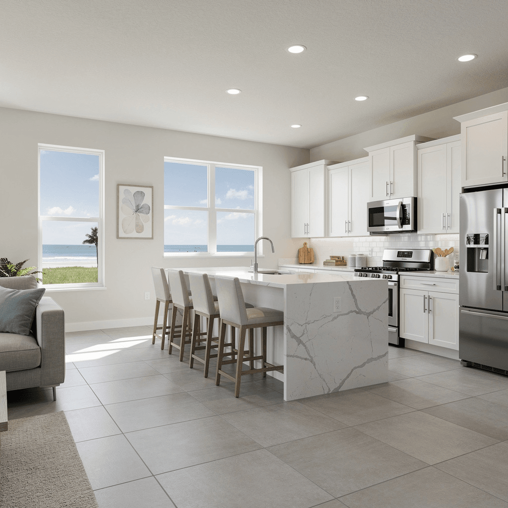 Renovated Florida investment property featuring updated kitchen, tile flooring, and coastal interior design